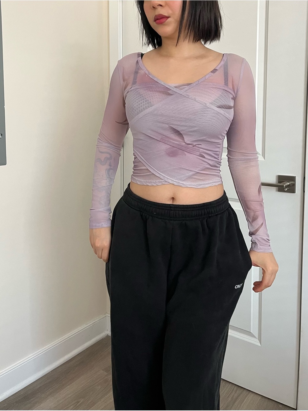 Sheer Lilac Wrap-Front Long-Sleeve Crop Top